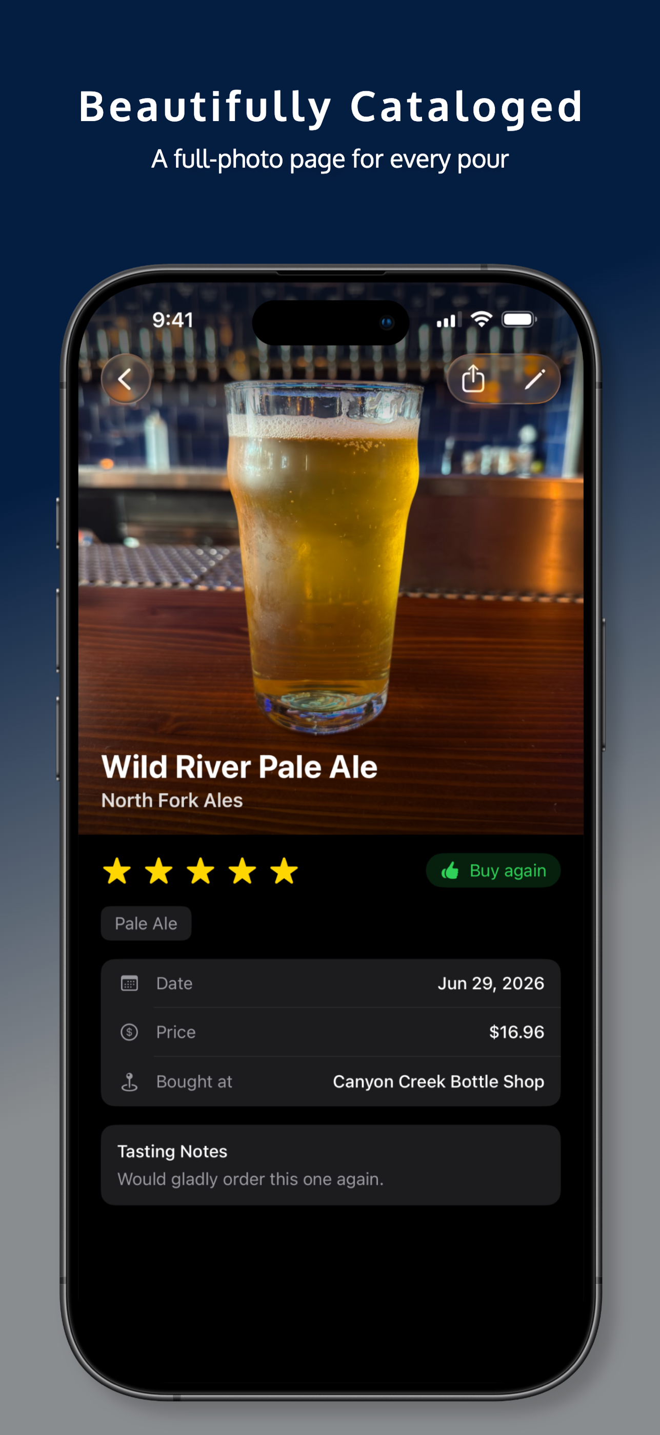 A full-photo detail page for every pour