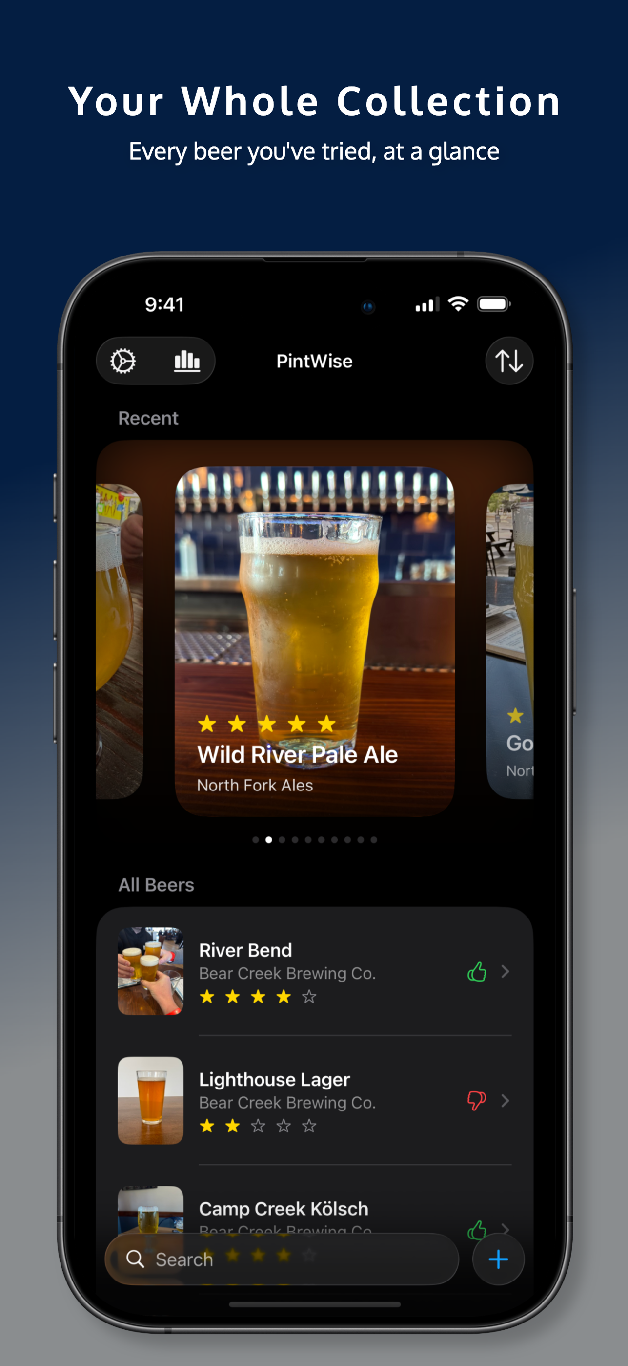 The PintWise collection screen showing a carousel of rated beers